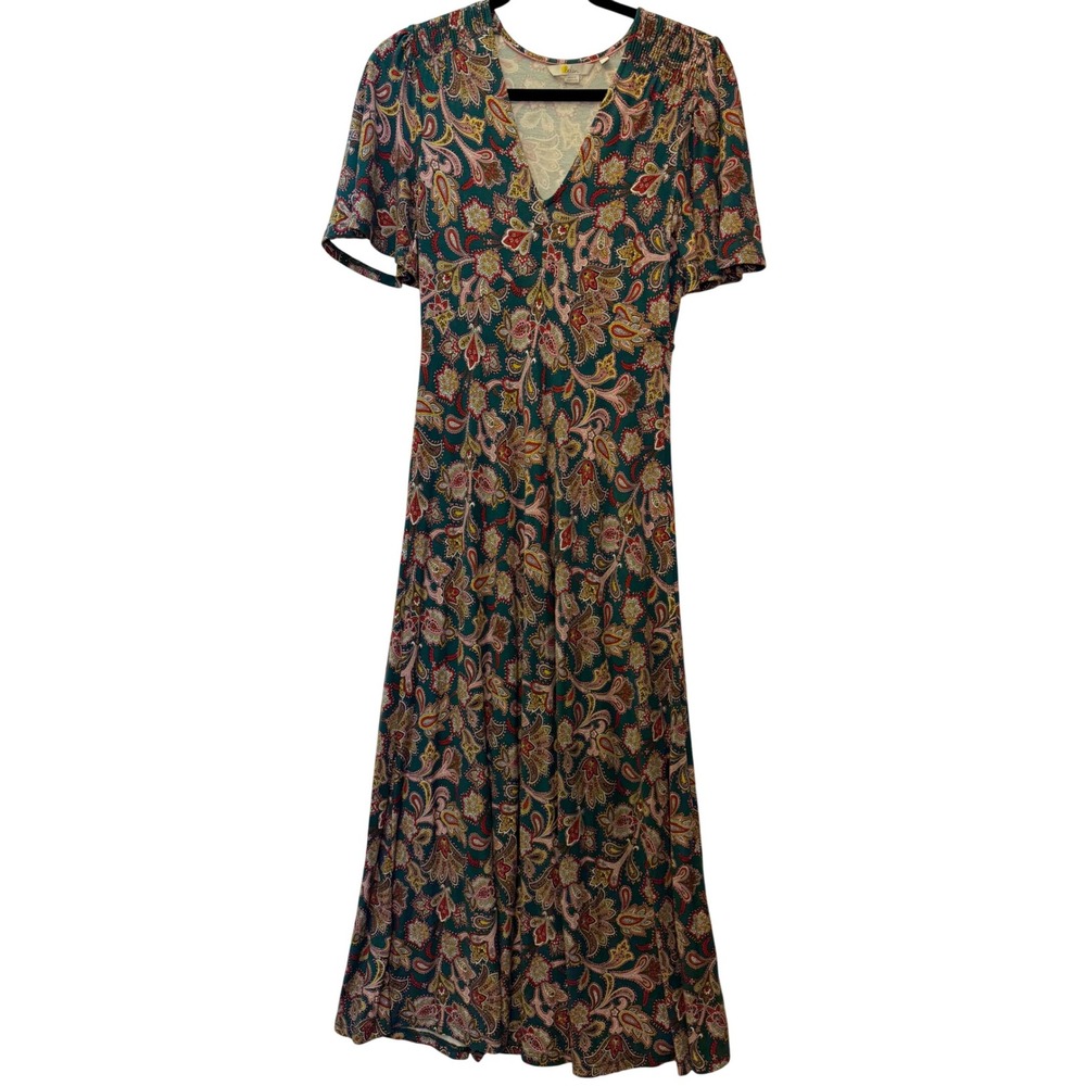 Boden Women Green Paisley Print V Neck Short Sleeve Maxi‎ Dress Size 2P Petite